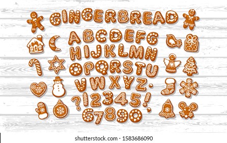 Christmas and New Year gingerbread alphabet letters and numbers and cute traditional holiday cookies. Cartoon hand drawn vector illustration isolated on white old wooden background.