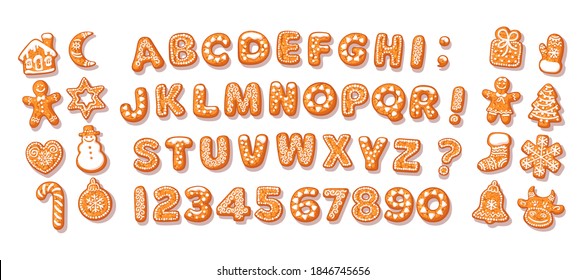 Christmas and New Year gingerbread alphabet and cute traditional holiday cookies. Sugar coated letters and numbers. Cartoon hand drawn vector illustration isolated on white background.