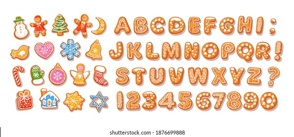 Christmas and New Year gingerbread alphabet and cute traditional holiday cookies. Sugar coated letters and numbers. Cartoon hand drawn vector illustration isolated on white background.