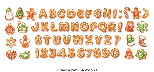 Christmas and New Year gingerbread alphabet and cute traditional holiday cookies. Sugar coated letters and numbers. Cartoon hand drawn vector illustration isolated on white background.