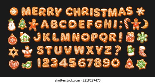 Christmas and New Year gingerbread alphabet and cute traditional holiday cookies isolated on dark background. Sugar coated letters and numbers. Cartoon hand drawn vector illustration.