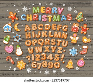 Christmas and New Year gingerbread alphabet, cute traditional holiday cookies, snowflakes. Sugar coated letters and numbers. Cartoon hand drawn vector illustration isolated on brown wooden background.