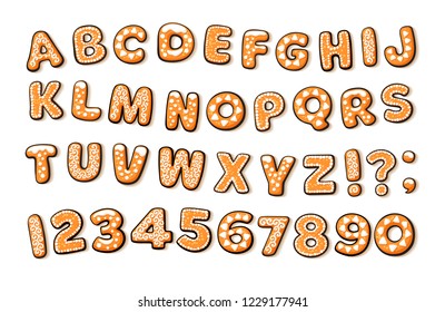 Christmas and New Year gingerbread cookies alphabet. Cartoon letters and numbers. Hand drawn vector illustration isolated on white background.