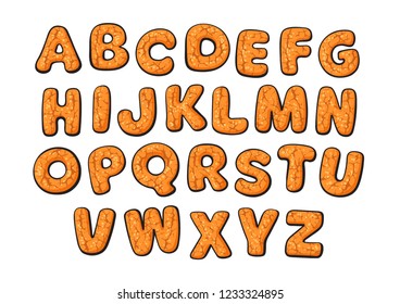 Christmas and New Year gingerbread cookies alphabet. Cartoon hand drawn letters.  Vector illustration isolated on white background. Greeting card poster, invitation, banner, flyer template design.