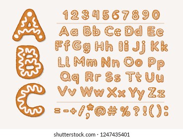 Christmas or New Year gingerbread cookies alphabet with arabic numbers and signs. Set of isolated alphabet, cookie figures, covered icing-sugar on white background. Full English ABC.