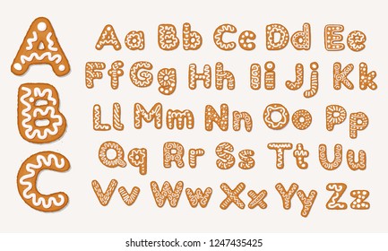 Christmas or New Year gingerbread cookies alphabet, capital letters and lower case alphabet. Set of isolated alphabet covered icing-sugar and syrup. Full English ABC. Vector cartoon illustration