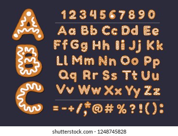 Christmas or New Year gingerbread cookies alphabet with arabic numbers and signs. Set of isolated alphabet, cookie figures, covered icing-sugar on dark background. Full English ABC. Christmas or New Year gingerbread cookies alphabet with arabic numbers and signs. Set of isolated alphabet, cookie figures, covered icing-sugar on dark background. Full English ABC.