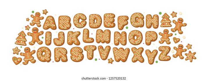 Christmas and New Year gingerbread cookies alphabet and man, woman, stars, tree, heart.  Dessert typography and holidays decoration isolated on white background. Vector cartoon illustration.