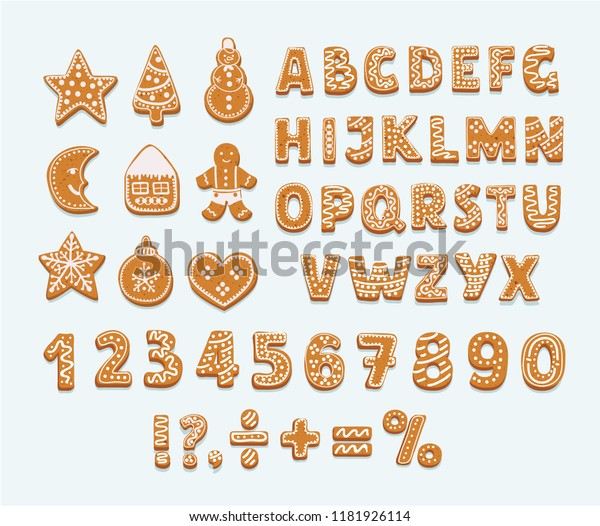 Christmas\
or New Year gingerbread cookies alphabet, arabic numbers and signs.\
Set of isolated figures covered icing-sugar on white background.\
Full english ABC. Vector cartoon\
illustration