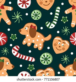 Christmas and New year gingerbread men, dogs, hearts, stars, for textiles, greeting cards, Wallpaper, paper, family celebrations, invitations on a dark green background