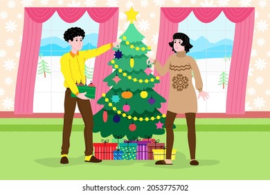 Christmas and New Year. A girl and a guy or a young married couple decorate a Christmas tree at home before the holiday. Illustration for landing page or online store website. Cute vector flat image.