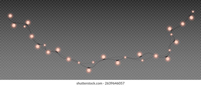 Christmas and New Year glowing garlands of bulbs and lights. Design element for holiday cards, backgrounds, business cards, vector png on transparent background.
