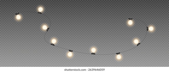 Christmas and New Year glowing garlands of bulbs and lights. Design element for holiday cards, backgrounds, business cards, vector png on transparent background.