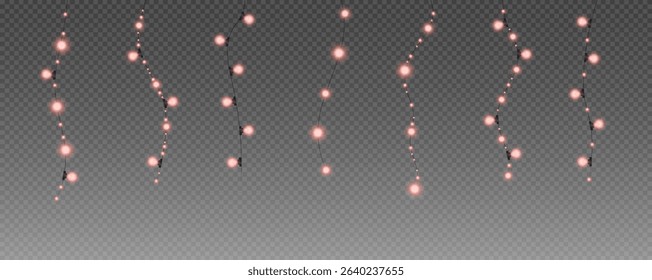 Christmas and New Year glowing garlands of bulbs and lights. Design element for holiday cards, backgrounds, business cards, vector png on transparent background.