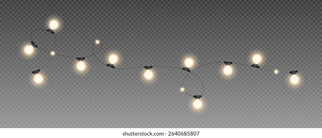 Christmas and New Year glowing garlands of bulbs and lights. Design element for holiday cards, backgrounds, business cards, vector png on transparent background.
