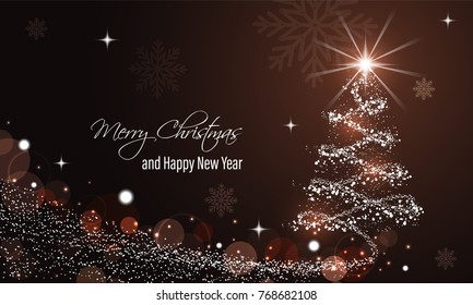 Christmas and New Year glowing red vector background with snow wave, glitter, stars, snowflakes and christmas tree.