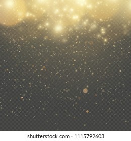 Christmas or New Year glowing sparkles rain. Abstract gold glitter space nebula shine effect. Golden dust overlay layer. Twinkling confetti, shimmering dot lights. EPS 10
