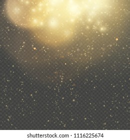 Christmas or New Year glowing sparkles rain. Abstract gold glitter space nebula shine effect. Golden dust overlay layer. Twinkling confetti, shimmering dot lights. EPS 10