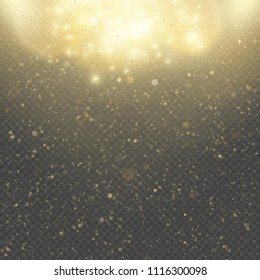 Christmas or New Year glowing sparkles rain. Abstract gold glitter space nebula shine effect. Golden dust overlay layer. Twinkling confetti, shimmering dot lights. EPS 10