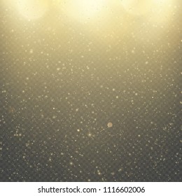 Christmas or New Year glowing sparkles rain. Abstract gold glitter space nebula shine effect. Golden dust overlay layer. Twinkling confetti, shimmering dot lights. EPS 10