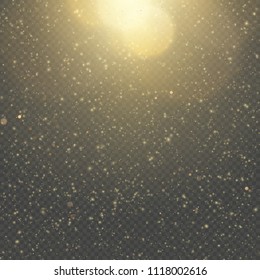 Christmas or New Year glowing sparkles rain. Abstract gold glitter space nebula shine effect. Golden dust overlay layer. Twinkling confetti, shimmering dot lights. EPS 10
