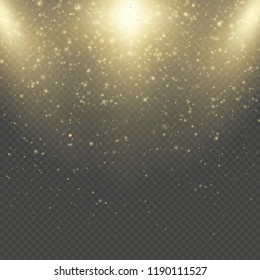 Christmas or New Year glowing sparkles rain. Abstract gold glitter space nebula shine effect. Golden dust overlay layer. Twinkling confetti, shimmering dot lights. EPS 10