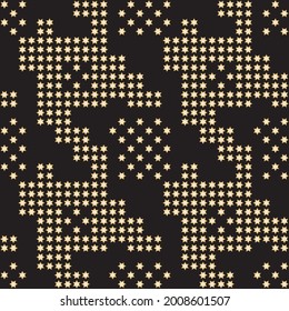 Christmas and New Year gold and black seamless patterns from golden snowflakes, star silhouette. Hounds tooth halftone print, Chicken feet pied-de-poule pattern background