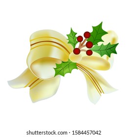 Christmas or New year gold gift bow ribbon with holly berries. Isolate realism vector illustration.