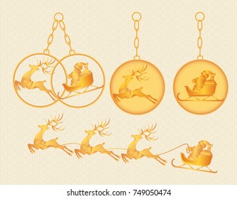 Christmas, New Year. Gold keychains, charms, pendants with the image of Santa Claus and deer. Vector illustration
