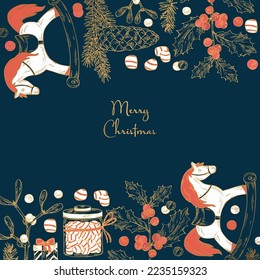 Christmas and New Year golden background with plants and simbols. Holly tree, spruce, spruce cones, sweets, presents, Christmas tree, mistletoe branch, wooden horse, and holly branch. Vector hand draw