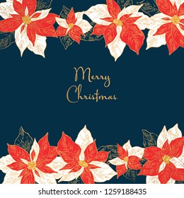 Christmas and New Year golden card with poinsettia flower. Vector hand drawn illustration.