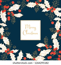 Christmas and New Year golden card with holly branch. Vector hand drawn illustration.