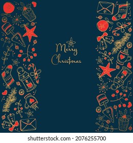 Christmas and New Year golden card design with Christmas decorations and holly tree. Vector hand drawn illustration