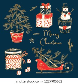 Christmas and New Year golden collection with Christmas present, snowman, candy and tree. Vector hand drawn illustration