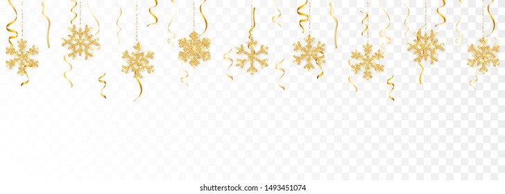 Christmas or New Year golden decoration on transparent background. Hanging glitter snowflake. Vector illustration.