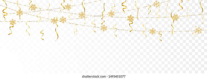 Christmas or New Year golden decoration on transparent background. Hanging glitter snowflake. Vector illustration.