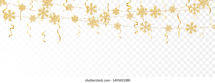 Christmas or New Year golden decoration on transparent background. Hanging glitter snowflake. Vector illustration.