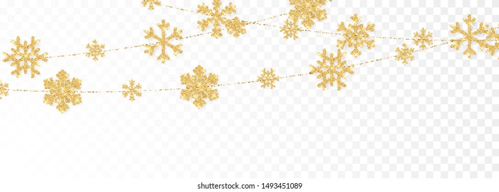 Christmas or New Year golden decoration on transparent background. Hanging glitter snowflake. Vector illustration.