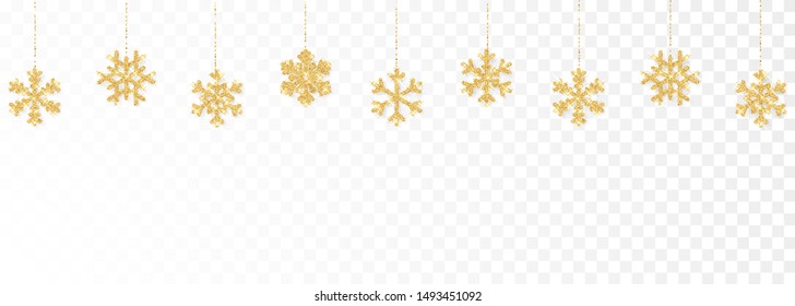 Christmas or New Year golden decoration on transparent background. Hanging glitter snowflake. Vector illustration.