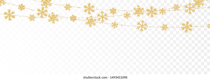 Christmas or New Year golden decoration on transparent background. Hanging glitter snowflake. Vector illustration.