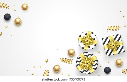 Christmas or New Year golden decorations, gifts in ribbon bow and gold confetti white background. Vector premium design template for Christmas winter holiday greeting card or sale and party poster.