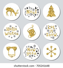 Christmas New Year golden gift round stickers. Labels xmas set. Hand drawn glitter decorative element. Collection of shiny holiday christmas stickers. Vector illustration. Lettering, calligraphy.