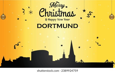 Christmas and New year golden greeting card with black panorama of the city of Dortmund