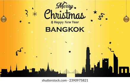 Christmas and New year golden greeting card with black panorama of the city of Bangkok, Thailand