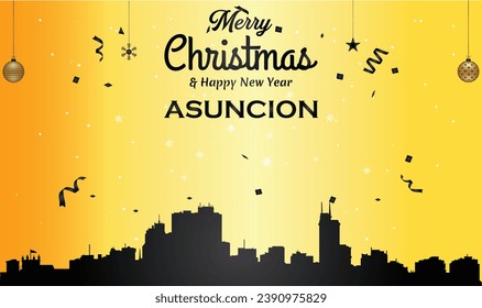 Christmas and New year golden greeting card with black panorama of the city of Asuncion, Paraguay