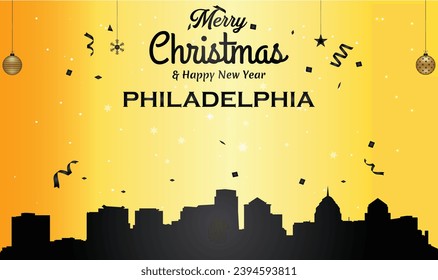 Christmas and New year golden greeting card with black panorama of the city of Philadelphia, Pennsylvania - US State