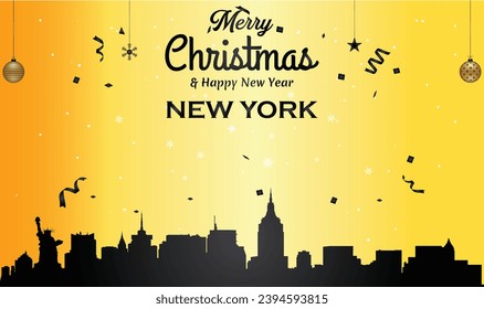 Christmas and New year golden greeting card with black panorama of the city of New York City, New York - US State