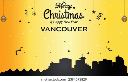 Christmas and New year golden greeting card with black panorama of the city of Vancouver, Canada