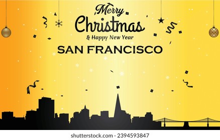 Christmas and New year golden greeting card with black panorama of the city of San Francisco, California - US State