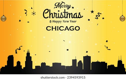 Christmas and New year golden greeting card with black panorama of the city of Chicago, Illinois - US State